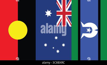 Drapeau aborigène d'Australie le long des drapeaux australien et insulaire du détroit de Torres. Illustration de Vecteur