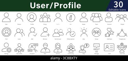 Icônes de ligne modifiables du profil utilisateur définies pour la gestion du compte, de la personne, de l'identité et des réseaux sociaux Illustration de Vecteur