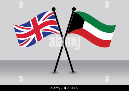 Drapeaux croisés du Royaume-Uni et du Koweït, représentant les relations diplomatiques. Illustration de Vecteur