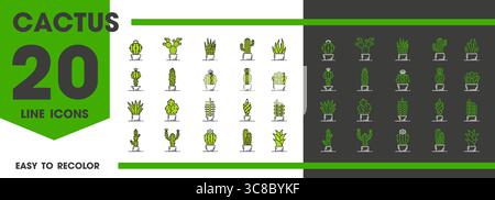Icônes de ligne succulente de cactus de plantes de cactus avec des fleurs en pots de fleurs, ensemble de vecteurs. Succulentes icônes de ligne de cactus d'opuntia avec aloe vera et saguaro piquant ou agave plante pour le jardinage ou la décoration intérieure Illustration de Vecteur