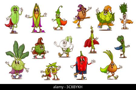 Dessins animés groovy Halloween Wizards personnages végétaux et sorcières veggie personnages vectoriels de nourriture. Oignon groovy psychédélique, poivre, haricot et champignon, olives et légumes de maïs dans des capes et chapeaux magiques Illustration de Vecteur