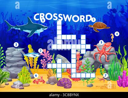 Grille de jeu de quiz de mots croisés avec des animaux marins et des poissons sous-marins, feuille de travail vectorielle pour les enfants. Jeu de mots croisés sous-marins quiz pour deviner des mots dans la grille avec drôle de requin océanique, poulpe et crabe ou tortue Illustration de Vecteur
