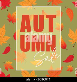 Affiche promotionnelle de soldes d'automne avec feuilles d'automne. Illustration de Vecteur