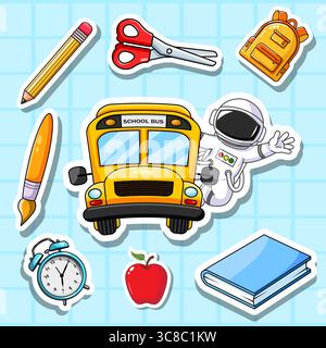 Ensemble d'autocollant retour à l'école, autocollant de fournitures scolaires et astronaute sur le bus scolaire illustration vectorielle isolé Illustration de Vecteur