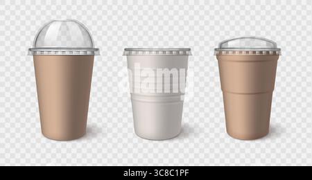 Gobelets à emporter en plastique avec couvercle transparent - récipients à café jetables marron et blanc. Récipients pour boissons en papier avec dôme et couvercles plats pour boissons chaudes ou froides. Maquettes réalistes de lunettes à emporter Illustration de Vecteur