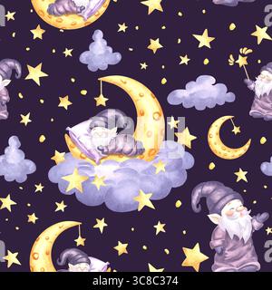 Gnomes mignons dormant sur le croissant de lune dans le nuage avec des étoiles aquarelle motif sans couture pour la conception des enfants. Elfs d'illustration dessinés à la main de rêves de fées Banque D'Images