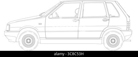 FIAT modèle Uno 60 SL vintage voiture classique, silhouette esquissée, illustration vectorielle, année 1985 Illustration de Vecteur
