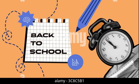 La préparation et l'excitation remplissent l'air alors que les élèves se préparent pour la rentrée scolaire avec des fournitures et une horloge signalant un nouveau départ Banque D'Images