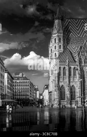 Une vue en noir et blanc de la cathédrale d'Étienne sur un ciel spectaculaire par un jour de pluie à Vienne, en Autriche. Banque D'Images