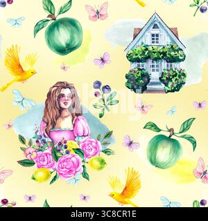 Motif aquarelle sans couture avec une maison d'été, une fille, roses, hortensias, pommes, citrons et bleuets entourés de verdure. Ambiance chaleureuse de Banque D'Images