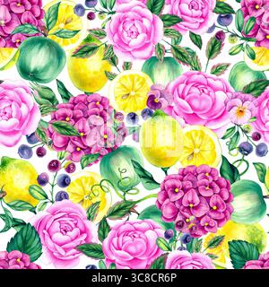 Motif aquarelle sans couture avec des roses, hortensias, pommes, citrons et bleuets entourés de verdure. Atmosphère chaleureuse de maison de campagne confort a Banque D'Images