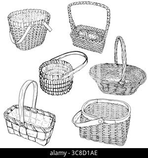Un panier en osier fait de vignes avec une poignée, un ensemble de silhouettes noires et blanches. Illustration vectorielle. Esquisse un panier pour la cueillette des champignons et Illustration de Vecteur