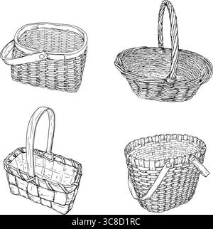 Un panier en osier fait de vignes avec une poignée, un ensemble de silhouettes noires et blanches. Illustration vectorielle. Esquisse un panier pour la cueillette des champignons et Illustration de Vecteur