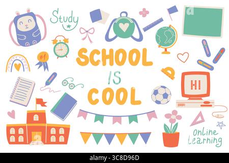 Illustration de la rentrée des classes. Mettez en place les fournitures scolaires. Élément coloré de l'école, papeterie dans le style doodle shabby. Illustration vectorielle plate. Illustration de Vecteur