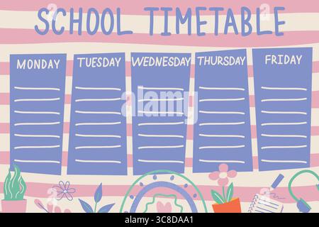 Horaire scolaire, horaire hebdomadaire des cours. Calendrier scolaire vectoriel avec des fournitures éducatives colorées. Illustration de Vecteur