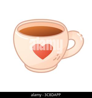 Adorable tasse de dessin animé avec boisson chaude et coeur rouge, idéal pour les illustrations d'automne, les cartes, ou les visuels Cottagecore confortables. Illustration de Vecteur