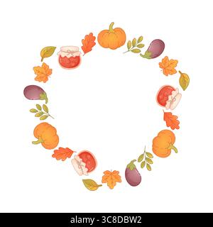 Cadre d'automne circulaire fabriqué à partir de citrouilles, aubergines, pots de confiture et feuilles. Parfait pour un décor saisonnier ou un design cottagecore. Illustration de Vecteur