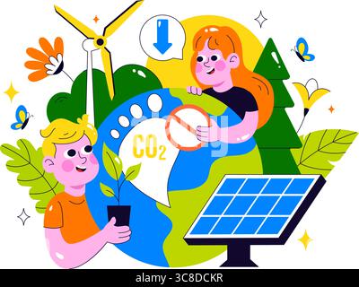 Illustration de la réduction de l'empreinte carbone présentant l'analyse de l'effet de la pollution environnementale avec CO2, impact sur la nature, le climat et l'équilibre écologique global Illustration de Vecteur