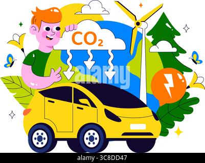 Illustration de la réduction de l'empreinte carbone présentant l'analyse de l'effet de la pollution environnementale avec CO2, impact sur la nature, le climat et l'équilibre écologique global Illustration de Vecteur