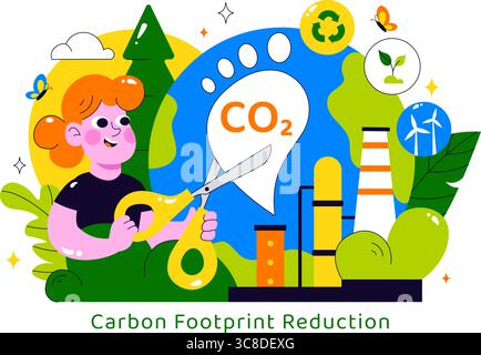 Illustration de la réduction de l'empreinte carbone présentant l'analyse de l'effet de la pollution environnementale avec CO2, impact sur la nature, le climat et l'équilibre écologique global Illustration de Vecteur