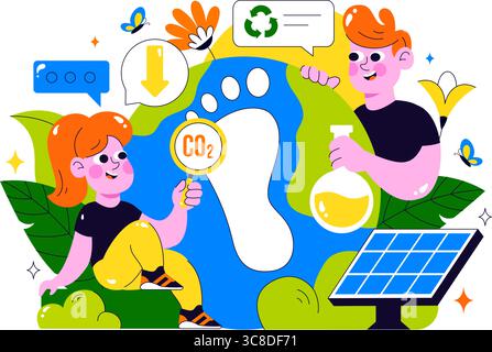 Illustration de la réduction de l'empreinte carbone présentant l'analyse de l'effet de la pollution environnementale avec CO2, impact sur la nature, le climat et l'équilibre écologique global Illustration de Vecteur