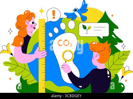 Illustration de la réduction de l'empreinte carbone présentant l'analyse de l'effet de la pollution environnementale avec CO2, impact sur la nature, le climat et l'équilibre écologique global Illustration de Vecteur