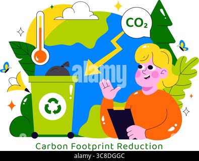Illustration de la réduction de l'empreinte carbone présentant l'analyse de l'effet de la pollution environnementale avec CO2, impact sur la nature, le climat et l'équilibre écologique global Illustration de Vecteur