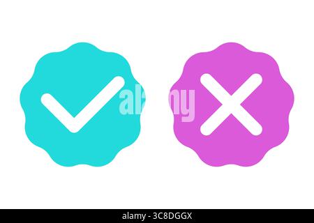 Icône de coche de vérification. Symbole en croix de rejet. Badges d'approbation Vector. Illustration de la conception de confirmation. Illustration de Vecteur