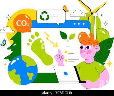 Illustration de la réduction de l'empreinte carbone présentant l'analyse de l'effet de la pollution environnementale avec CO2, impact sur la nature, le climat et l'équilibre écologique global Illustration de Vecteur