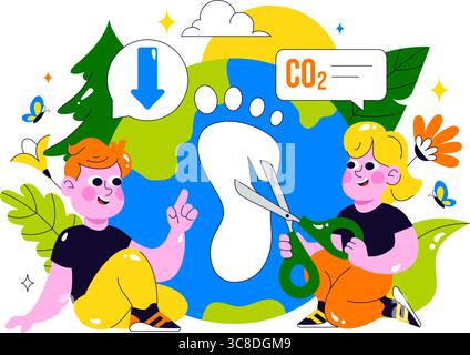 Illustration de la réduction de l'empreinte carbone présentant l'analyse de l'effet de la pollution environnementale avec CO2, impact sur la nature, le climat et l'équilibre écologique global Illustration de Vecteur