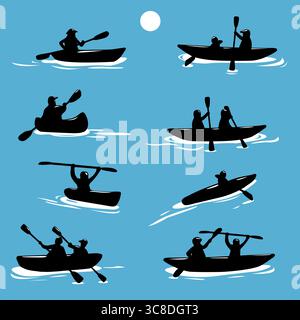 Kayak silhouettes sportives de personnes utilisant un kayak pour se déplacer sur les vagues de l'eau. Les gens font du rafting en kayak ou en canoë avec des pagaies dans des bateaux. Illustration de Vecteur