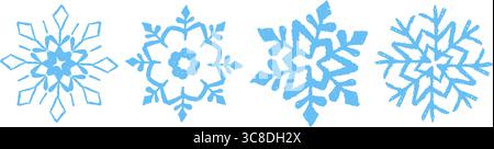 Ensemble de jolis flocons de neige bleus de Noël dessinés dans des textures pastel, crayon, craie et fusain. Collection de fêtes pour enfant au style grunge de la Reine des neiges Illustration de Vecteur
