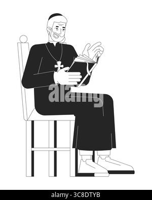 Prêtre masculin âgé catholique lisant le livre sacré caractère de ligne 2D. Illustration de Vecteur