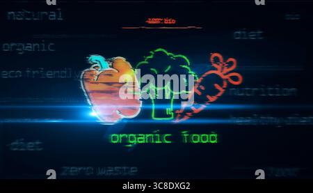 Concept de technologie de symbole de régime alimentaire naturel écologique et biologique. Signe abstrait sur les écrans de glitch illustration 3D. Banque D'Images