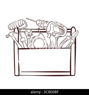 Boîte à outils avec divers outils de réparation, y compris marteau, rouleau de peinture, clé, mètre à ruban, perceuse électrique, pinces de style dessin au trait. Parfait pour Illustration de Vecteur