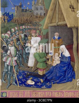 Les heures d'Étienne Chevalier est un livre d'heures enluminé commandé par Étienne Chevalier, trésorier du roi Charles VII de France, au peintre miniature et enlumineur Jean Fouquet. Adoration des rois Banque D'Images