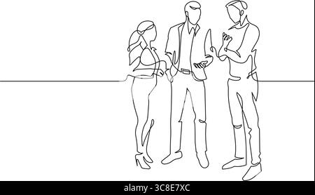 les collègues de l'équipe discutent du concept commercial une ligne dessinée en continu. brainstorming et contour de collègue illustration dessinée à la main Illustration de Vecteur