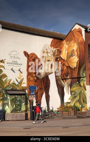 Royaume-Uni, Herefordshire, Hereford, Blue School Street, Herdsman pub, fresque murale de Curtis Hylton sur les cabochons et les pommes. Banque D'Images