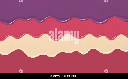 Couches ondulées 3D réalistes de texture liquide fondue dans des couleurs vives telles que le rose, la crème et le violet. Couler du glaçage ou de la sauce sucrée ou de la confiture. bac vectoriel 3D. Illustration de Vecteur