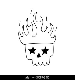 Illustration ludique et dynamique dessinée à la main d'un crâne avec des yeux en forme d'étoile englouti dans les flammes. Un design unique et élégant adapté aux œuvres d'art modernes, Illustration de Vecteur