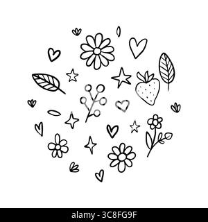Un charmant ensemble d'illustrations dessinées à la main de style doodle, comprenant des fleurs, des coeurs et des feuilles. Parfait pour les projets créatifs, scrapbooking. Vecteur il Illustration de Vecteur