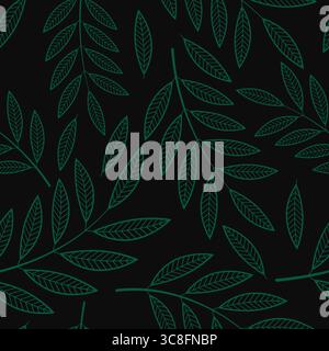 Motif sans couture minimaliste avec de fines feuilles vertes sur un fond sombre. Design botanique élégant parfait pour le tissu, le papier peint, l'emballage Illustration de Vecteur