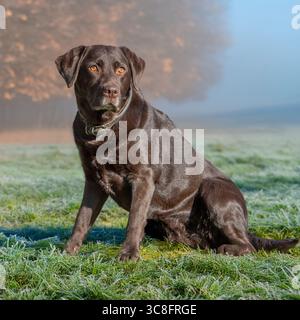 labrador retriever assis dans un champ brumeux Banque D'Images