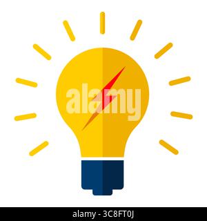 Ampoule créative avec Lightning Bolt. Innovation et concept énergétique. Une ampoule jaune incandescente avec un éclair rouge vif au centre. Illustration de Vecteur