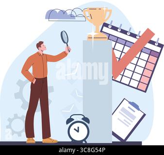 Homme regardant à la loupe sur des perspectives de travail acharné. Chef de bureau, chef d'équipe, patron ou employé. Jeune personnage masculin, vecteur de carrière Illustration de Vecteur