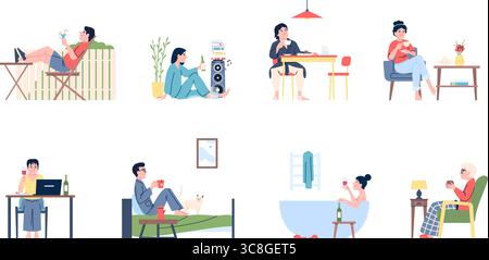 Temps libre avec boissons. Vieux et jeunes buvant à la maison et à l'extérieur, dans le jardin, au lit ou dans la baignoire. Repos de jour et détente du soir, récent Illustration de Vecteur