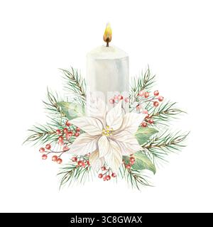 Bouquet de Noël avec poinsettia blanc, bougie allumée, branches de sapin vert et brins de baies rouges illustration aquarelle isolée. Pastel dessiné à la main Banque D'Images