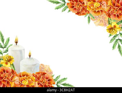Marigolds et cadre de bougies pour texte illustration horizontale d'aquarelle isolé. Dessiné à la main Clip art lumineux de vacances pour créer des cartes de festival et b Banque D'Images