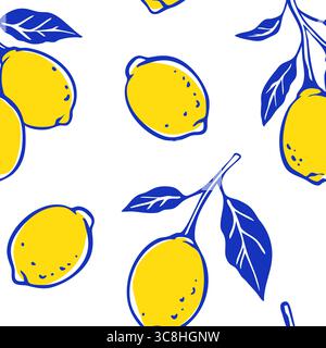 Fond de citron jaune et bleu dessiné à la main. Italien, Amalfi, Positano, Sicile style estival. Agrumes, feuilles, branches esquissent sans couture Pat Illustration de Vecteur