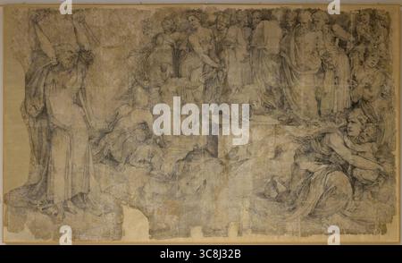 Moïse brisant les tablettes de la loi de Domenico Beccafumi, 1529-1531, dessin animé pour le plancher de la cathédrale de Sienne, Pinacothèque Nazionale, Sienne, Italie. Banque D'Images